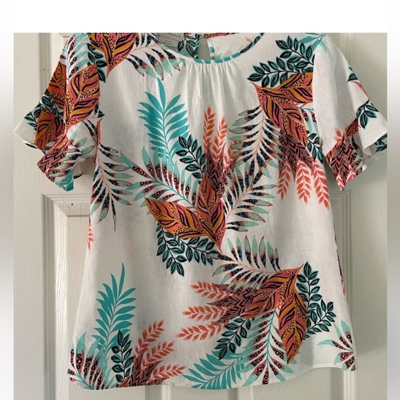 Van Heusen Women's Floral Blouse - Orange, Teal, Black on White - Picture 11 of 12